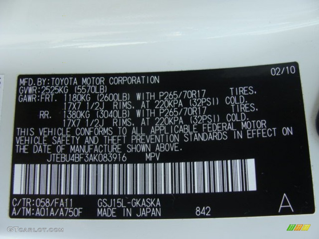 2010 FJ Cruiser Color Code 058 for Iceberg White Photo #68611222