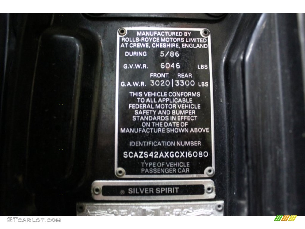 1986 Rolls-Royce Silver Spirit Mark I Info Tag Photo #68644030