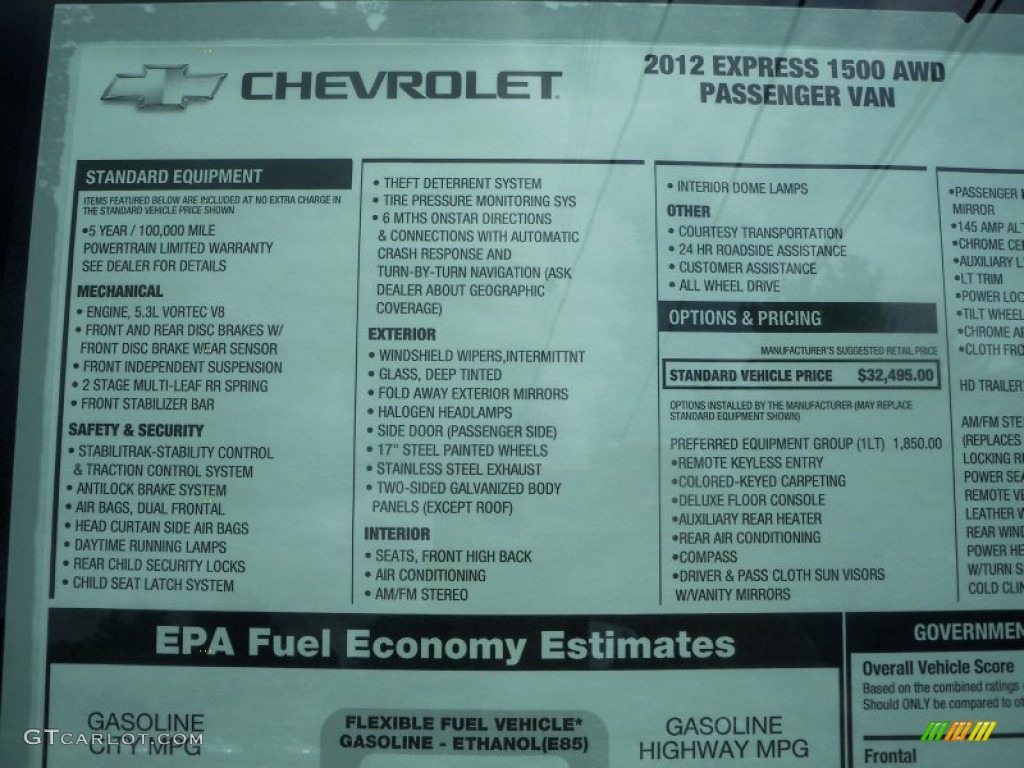 2012 Chevrolet Express LT 1500 AWD Passenger Van Window Sticker Photo #68644558