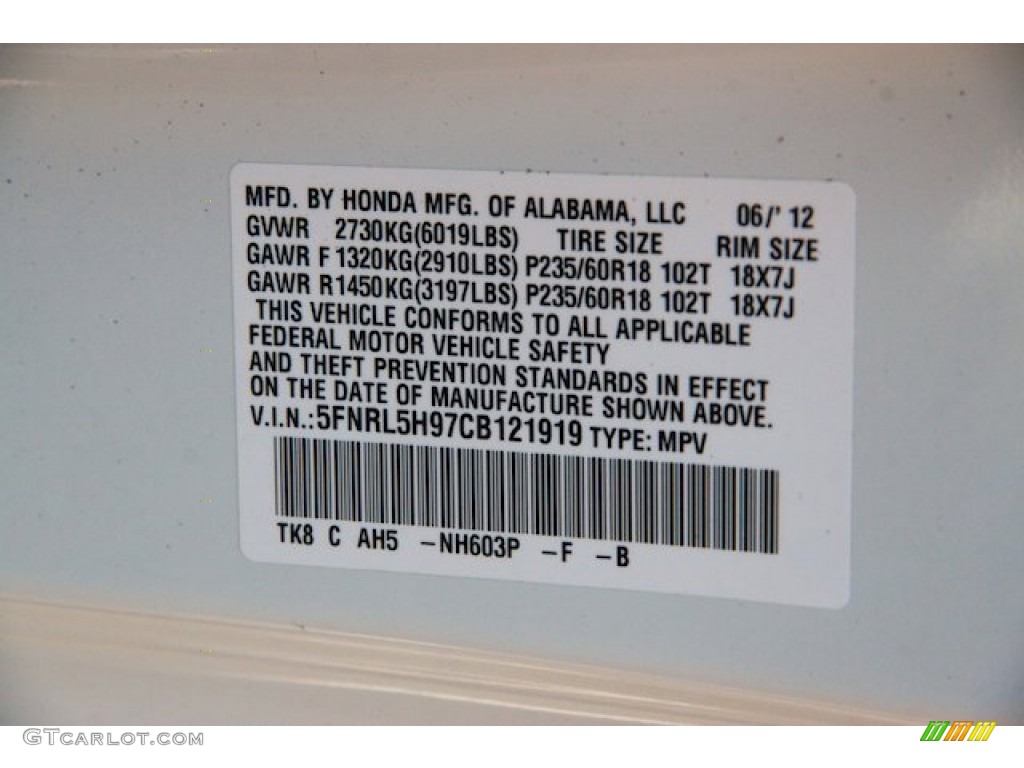 2012 Odyssey Color Code NH603P for White Diamond Pearl Photo #68668631