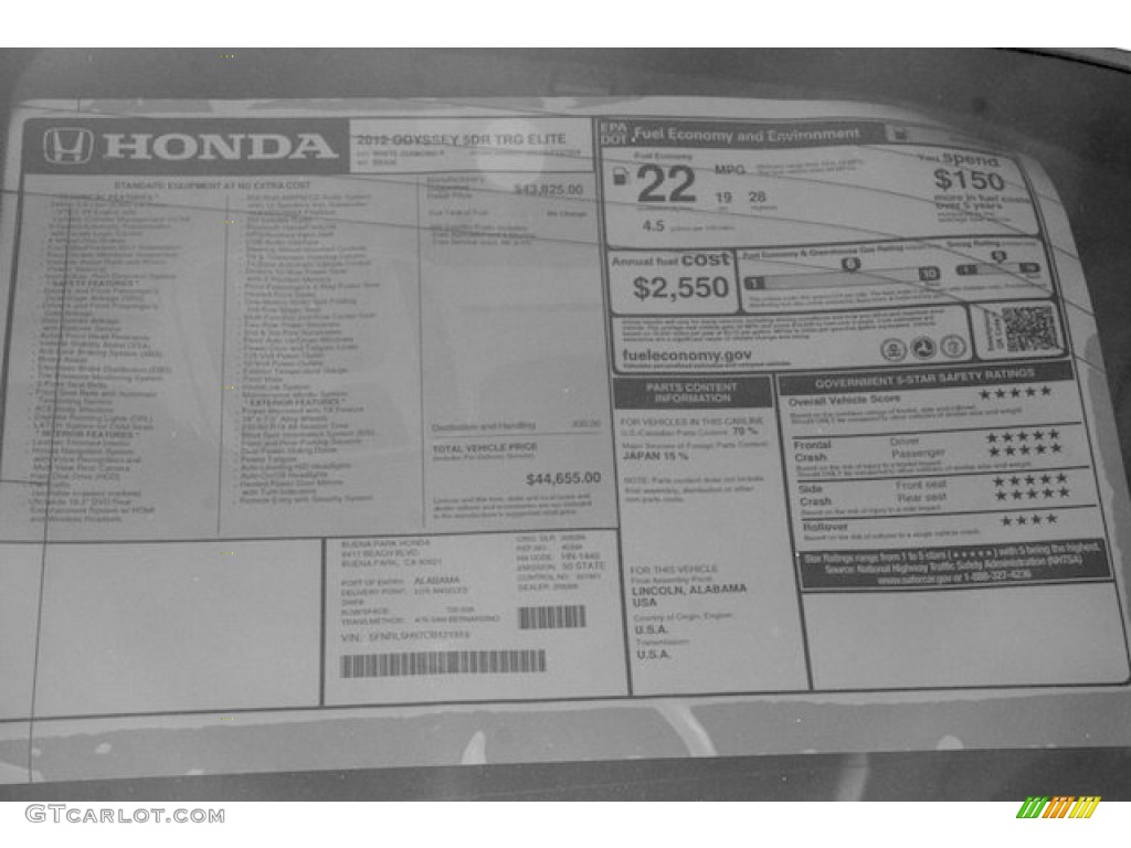 2012 Honda Odyssey Touring Elite Window Sticker Photo #68668640