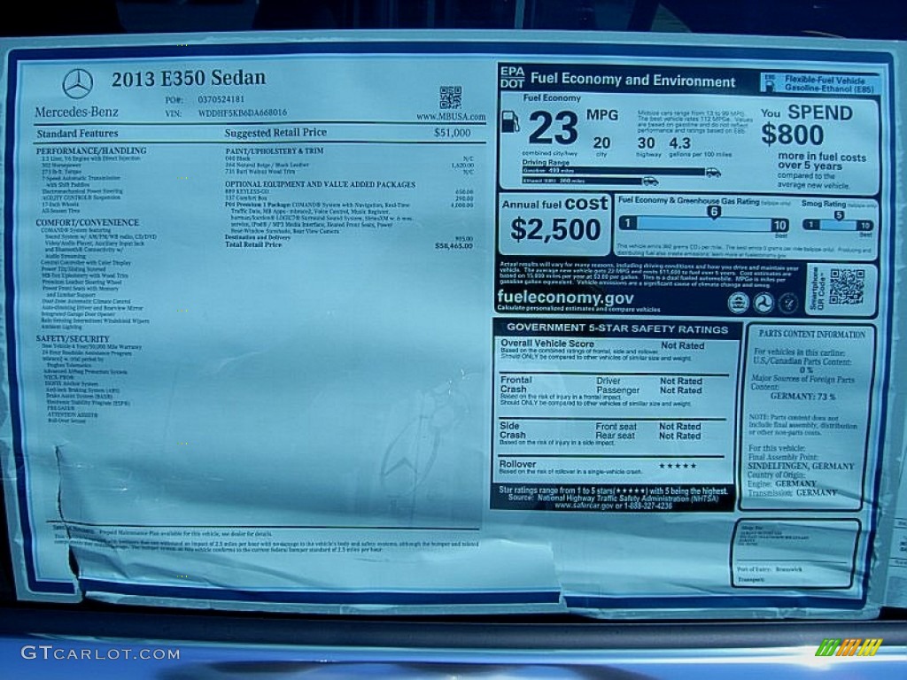 2013 Mercedes-Benz E 350 Sedan Window Sticker Photo #68691715