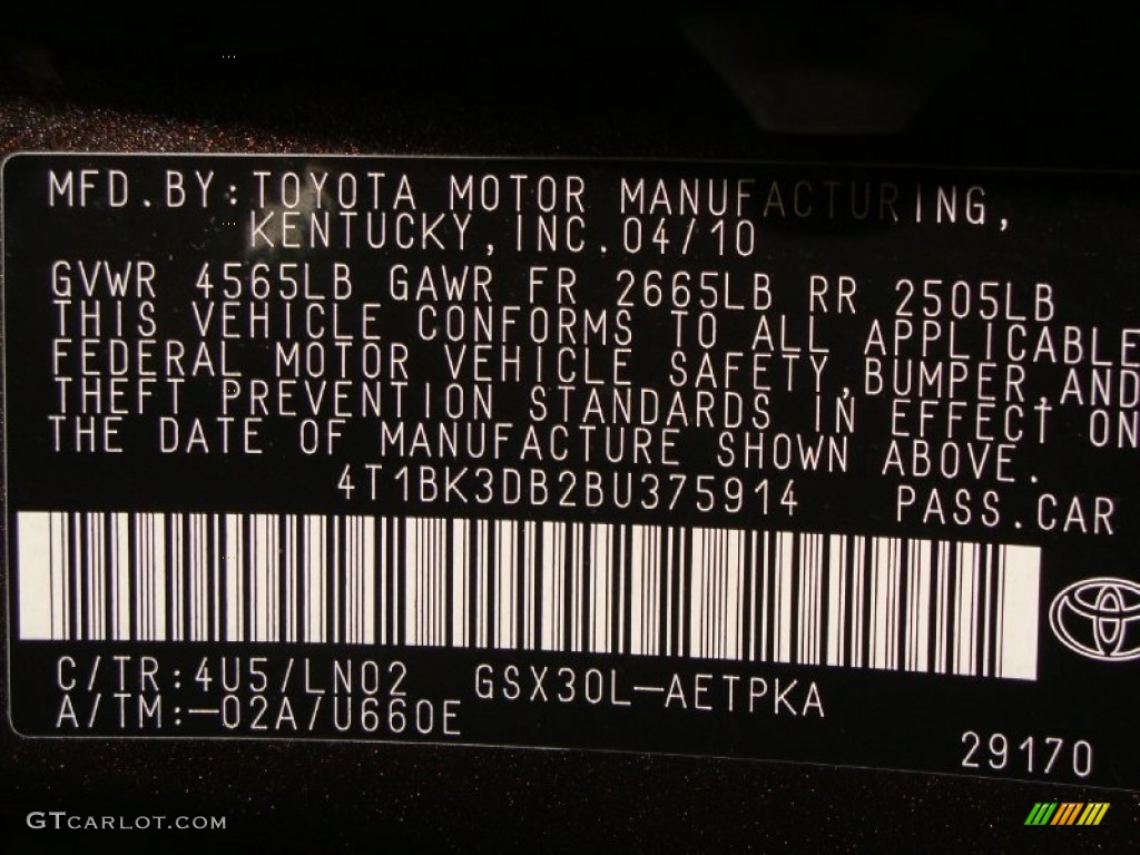 2011 Avalon Color Code 4U5 for Cocoa Bean Metallic Photo #68692423