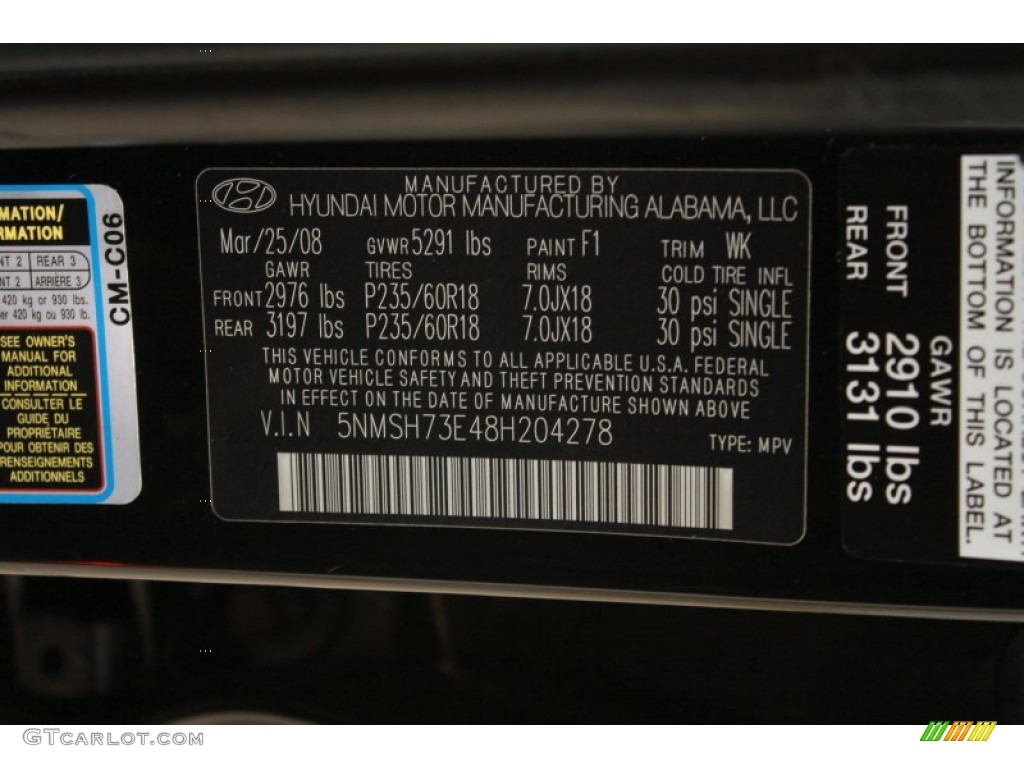 2008 Hyundai Santa Fe Limited 4WD Color Code Photos