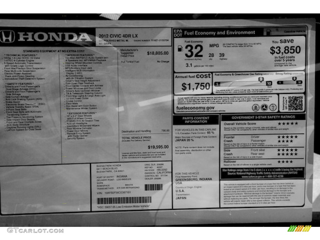 2012 Civic LX Sedan - Polished Metal Metallic / Gray photo #18