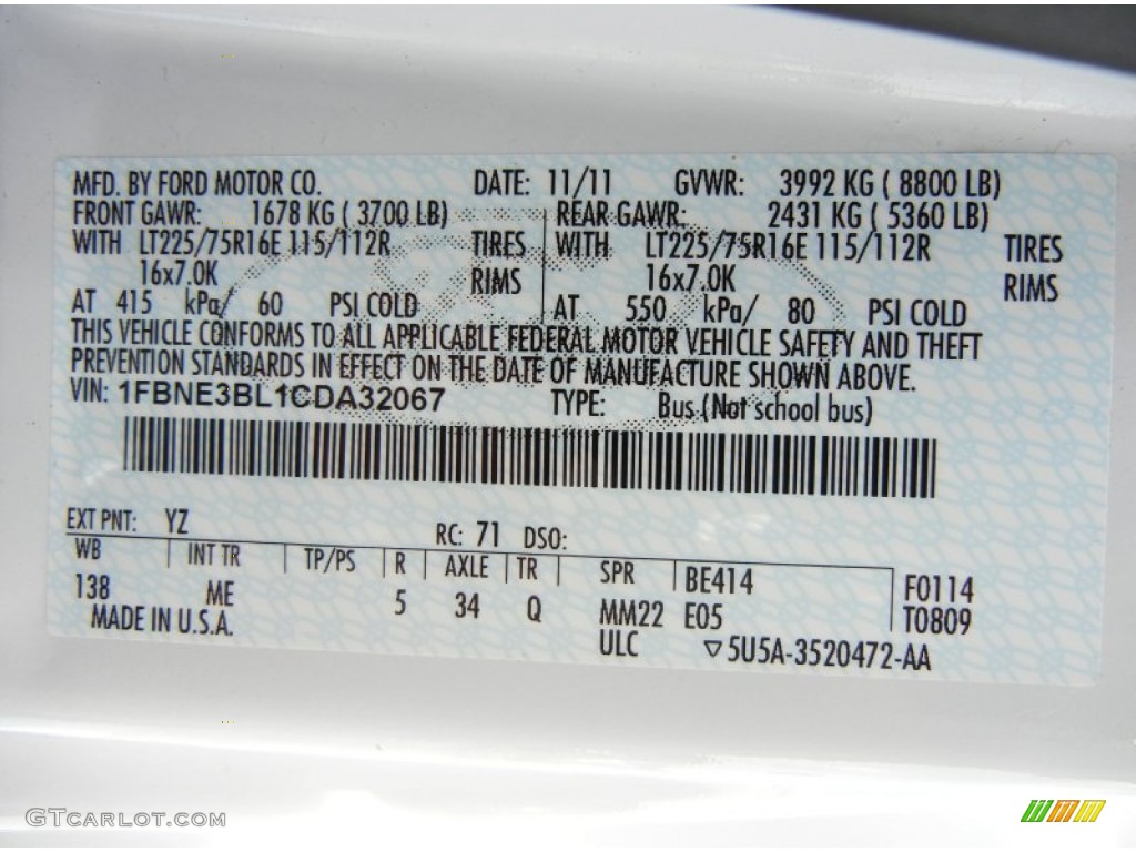 2012 E Series Van Color Code YZ for Oxford White Photo #68713687