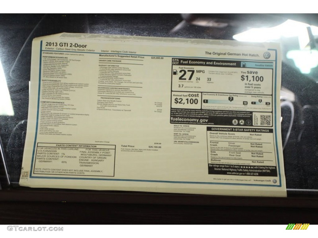 2013 Volkswagen GTI 2 Door Window Sticker Photo #68722354
