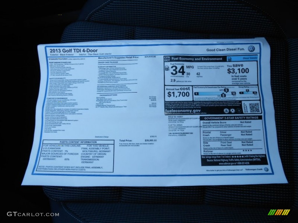 2013 Volkswagen Golf 4 Door TDI Window Sticker Photo #68731711