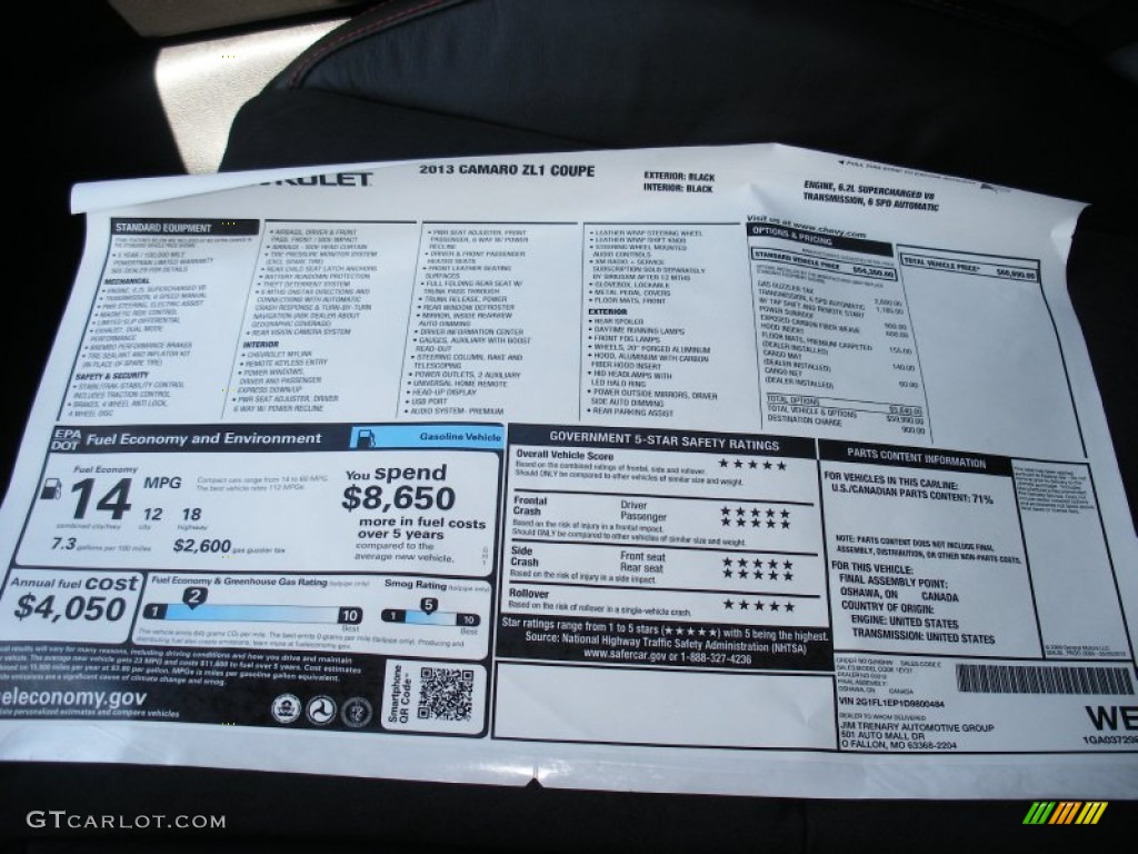 2013 Chevrolet Camaro ZL1 Window Sticker Photo #68735107