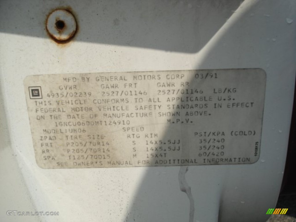 1991 Chevrolet Lumina MPV Info Tag Photos