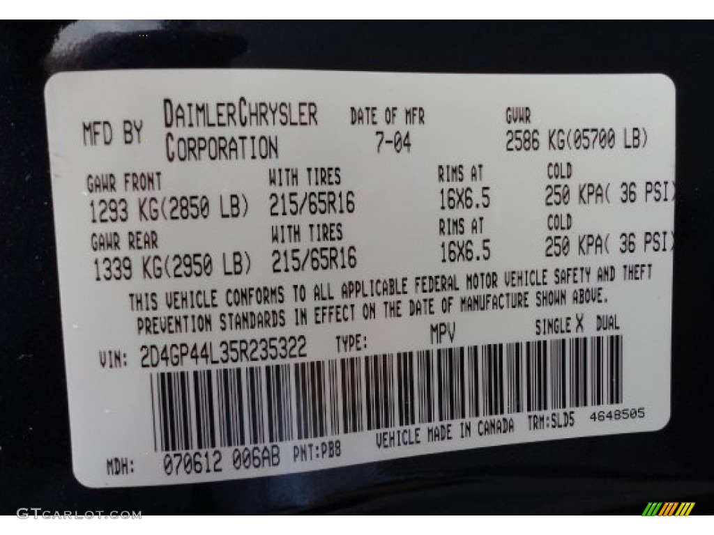 2005 Grand Caravan Color Code PB8 for Midnight Blue Pearl Photo #68765530