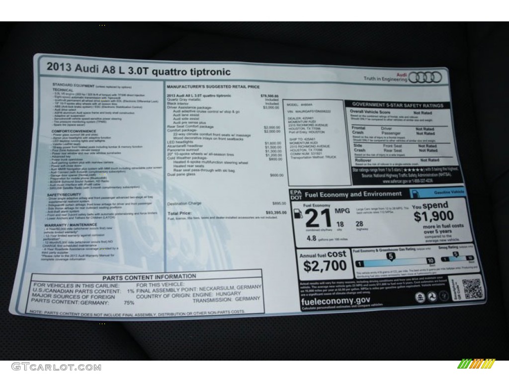 2013 Audi A8 L 3.0T quattro Window Sticker Photo #68796197