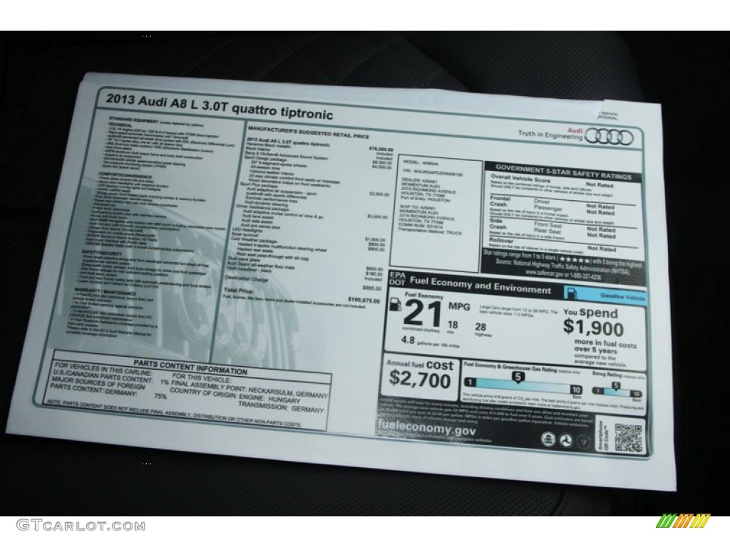 2013 Audi A8 L 3.0T quattro Window Sticker Photo #68796488