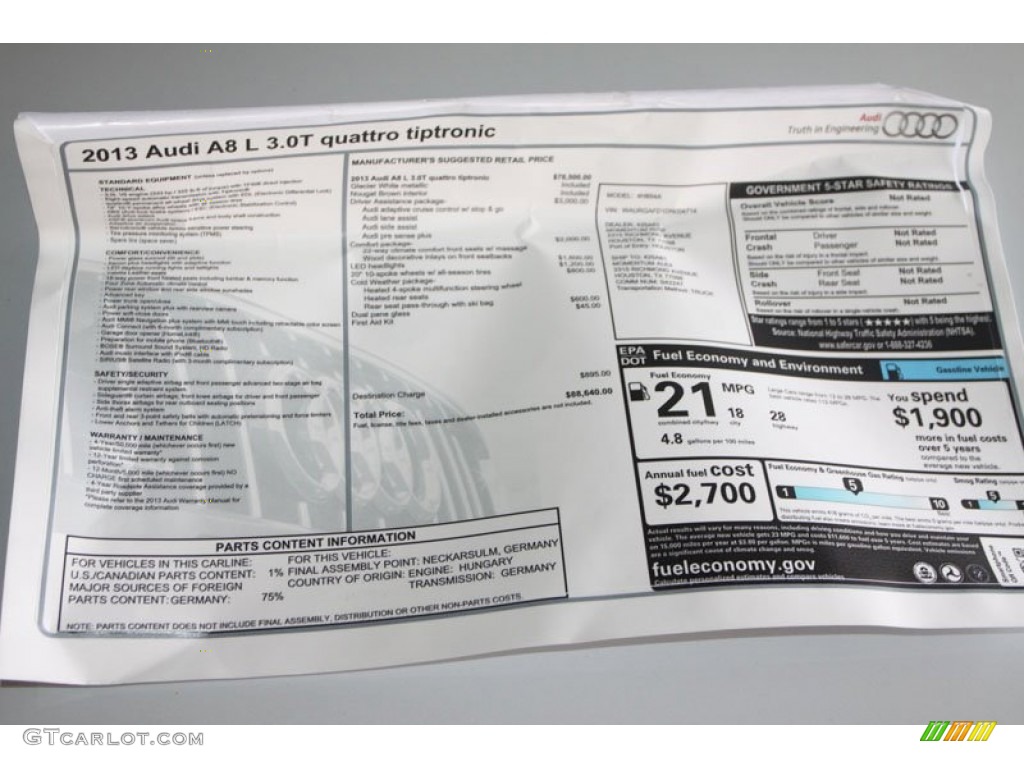 2013 Audi A8 L 3.0T quattro Window Sticker Photo #68797034