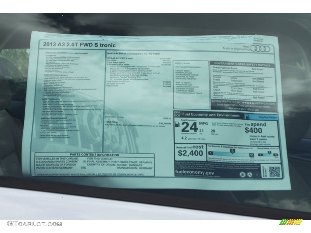 2013 Audi A3 2.0 TFSI Window Sticker Photo #68797526
