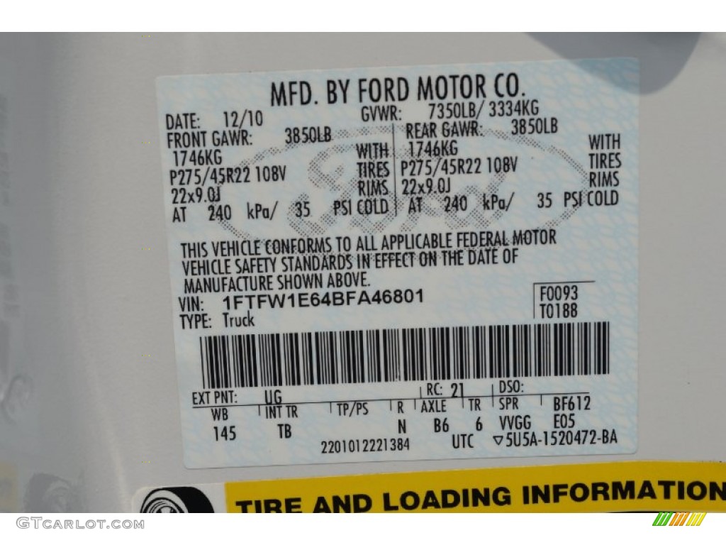 2011 Ford F150 Limited SuperCrew 4x4 Color Code Photos