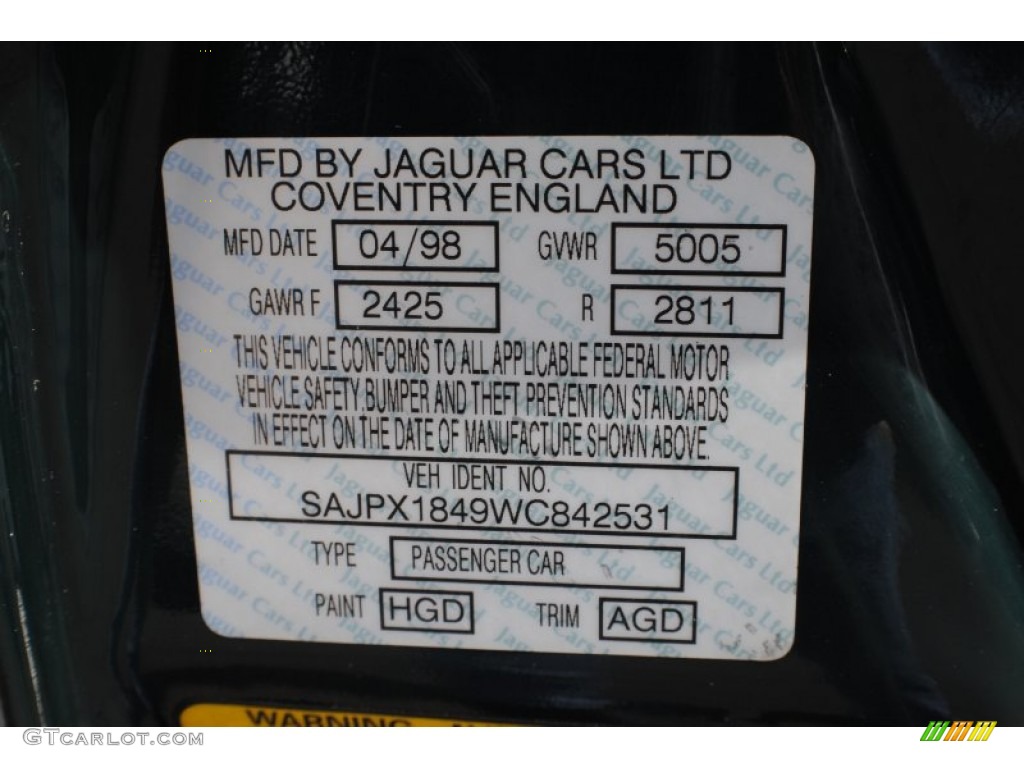 1998 XJ Color Code HGD for British Racing Green Photo #68800571