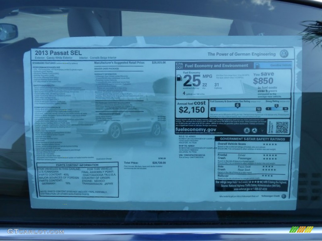 2013 Volkswagen Passat 2.5L SEL Window Sticker Photo #68813768