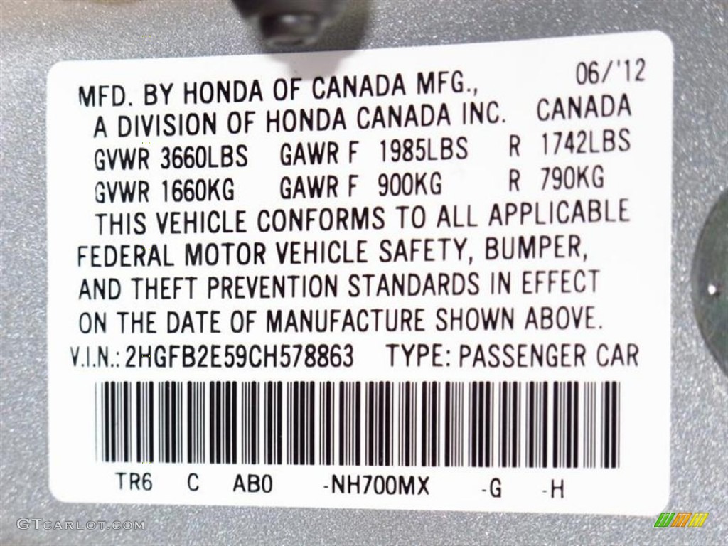 2012 Civic Color Code NH700MX for Alabaster Silver Metallic Photo #68814221
