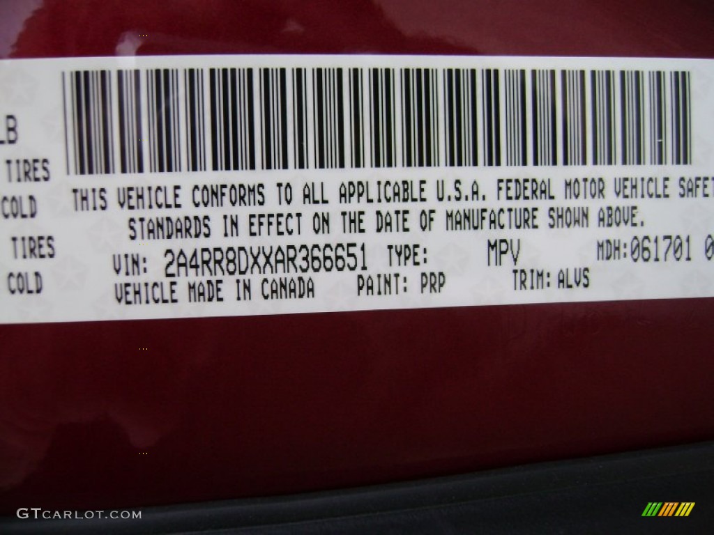 2010 Town & Country Color Code PRP for Deep Cherry Red Crystal Pearl Photo #68820425