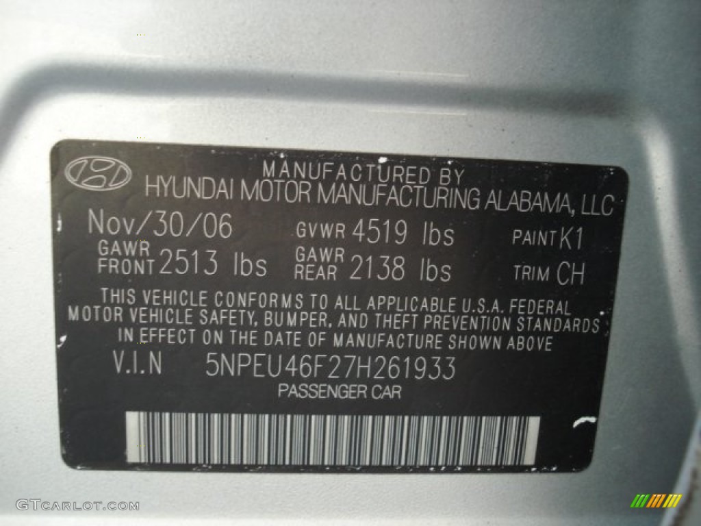 2007 Hyundai Sonata Limited V6 Color Code Photos