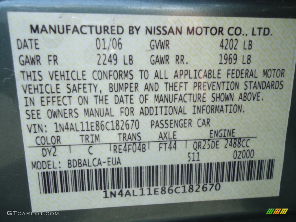 2006 Altima Color Code DY2 for Mystic Emerald Metallic Photo #68853996