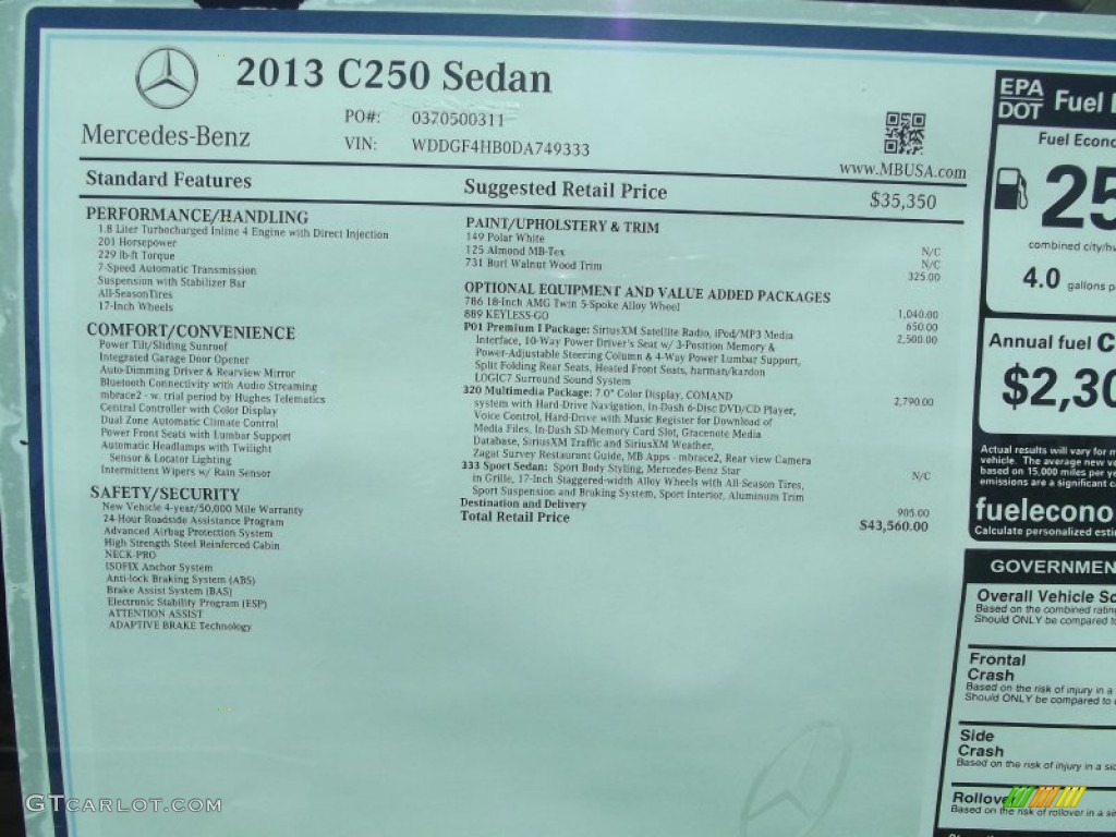 2013 Mercedes-Benz C 250 Sport Window Sticker Photo #68857911