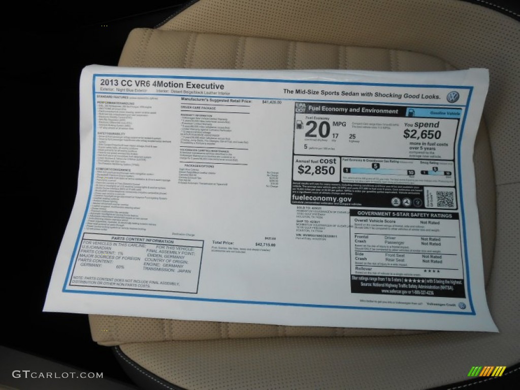 2013 Volkswagen CC VR6 4Motion Executive Window Sticker Photo #68862720