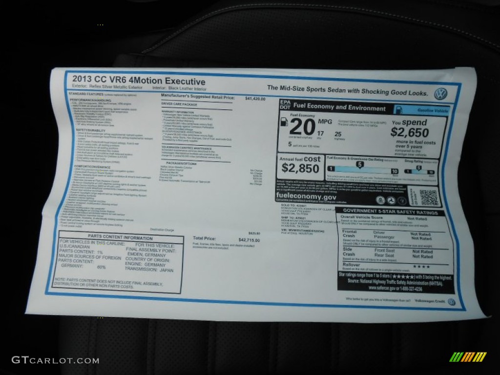 2013 Volkswagen CC VR6 4Motion Executive Window Sticker Photo #68863233