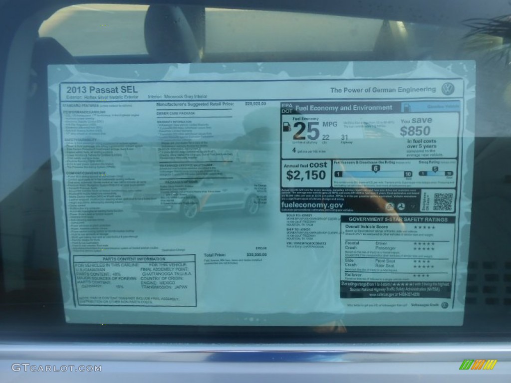 2013 Volkswagen Passat 2.5L SEL Window Sticker Photo #68865696