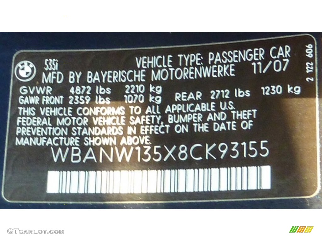 2008 BMW 5 Series 535i Sedan Info Tag Photo #68882103