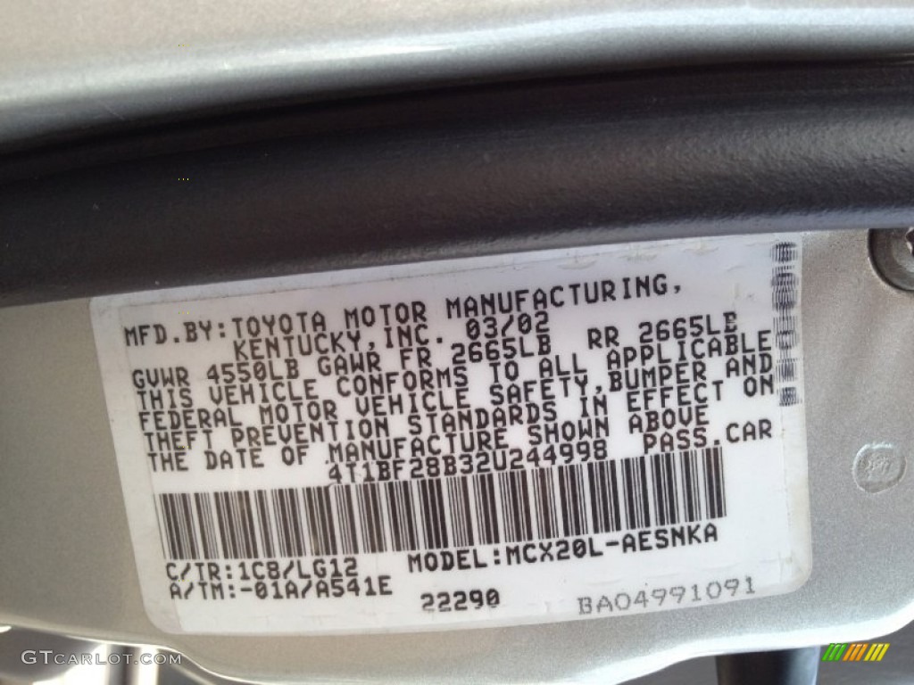 2002 Avalon Color Code 1C8 for Lunar Mist Metallic Photo #68892375