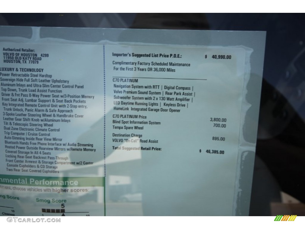 2013 Volvo C70 T5 Window Sticker Photo #68900028