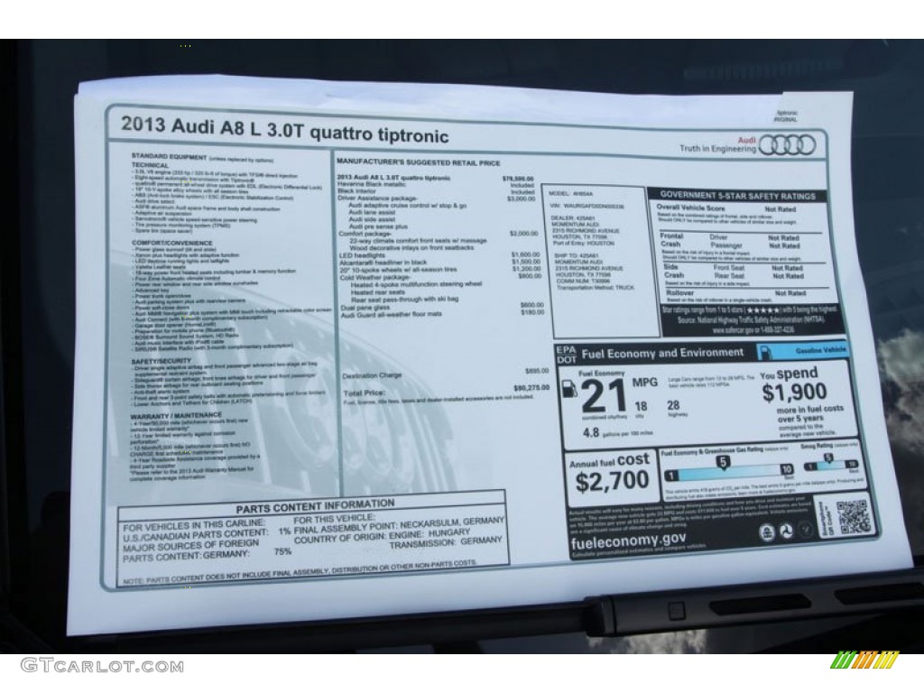 2013 Audi A8 L 3.0T quattro Window Sticker Photos