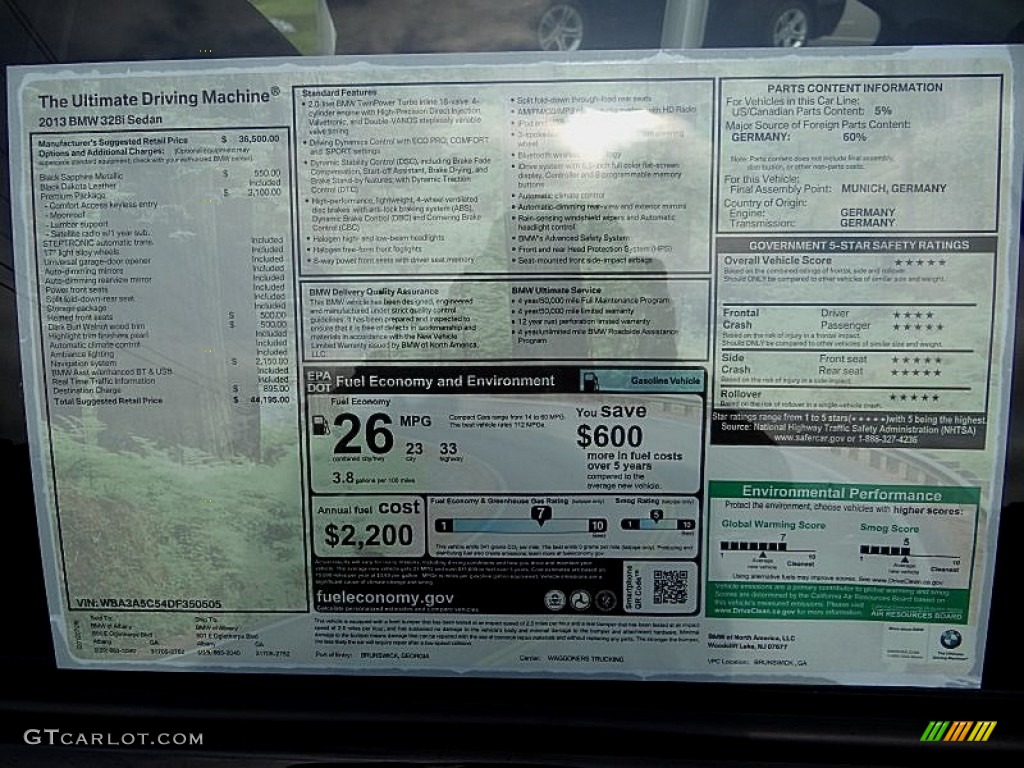 2013 BMW 3 Series 328i Sedan Window Sticker Photo #68910471