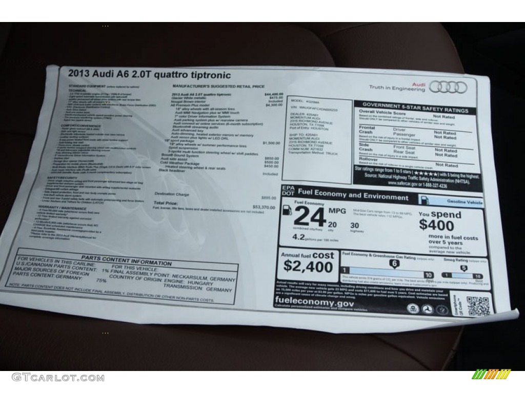 2013 Audi A6 2.0T quattro Sedan Window Sticker Photo #68910591