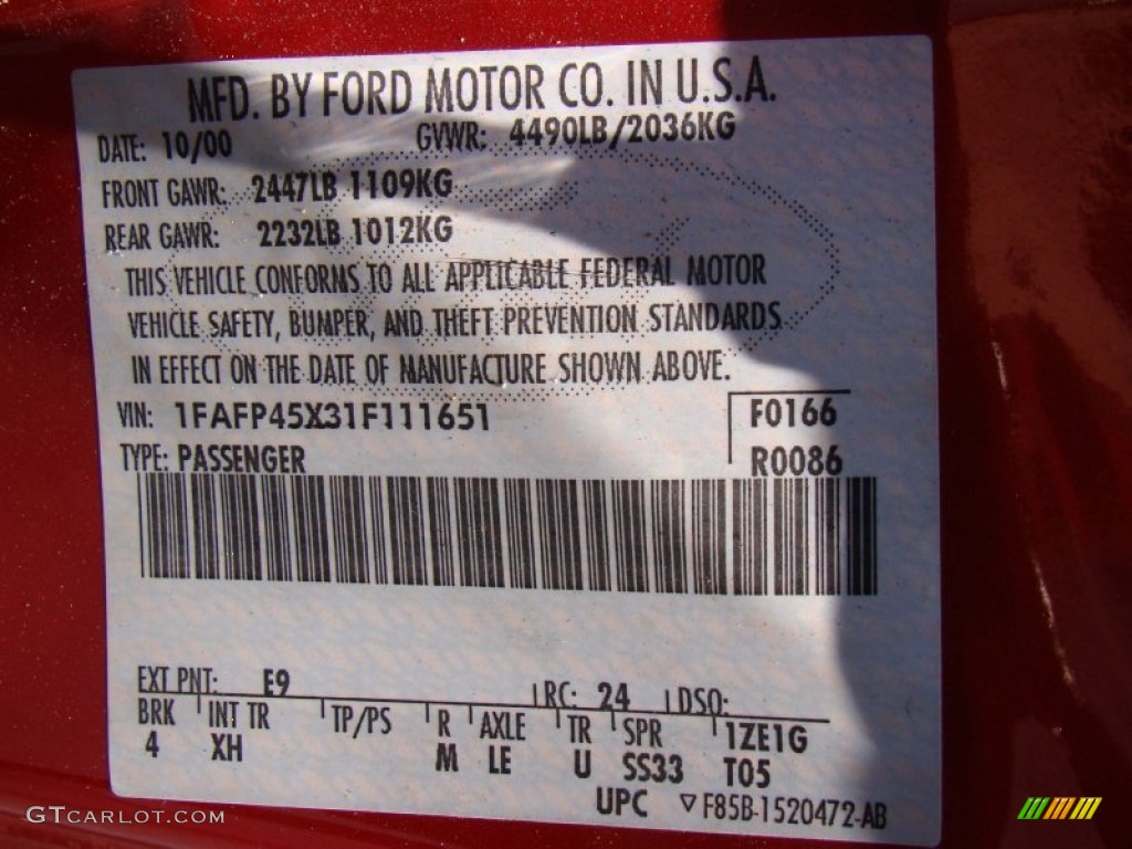 2001 Mustang Color Code E9 for Laser Red Metallic Photo #68912625