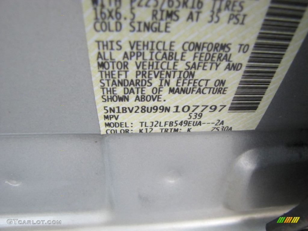 2009 Nissan Quest 3.5 Color Code Photos