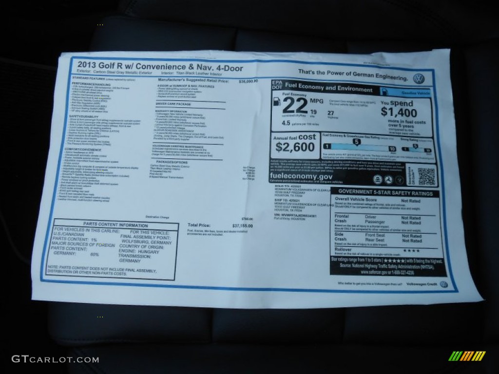 2013 Volkswagen Golf R 4 Door 4Motion Window Sticker Photo #68921859