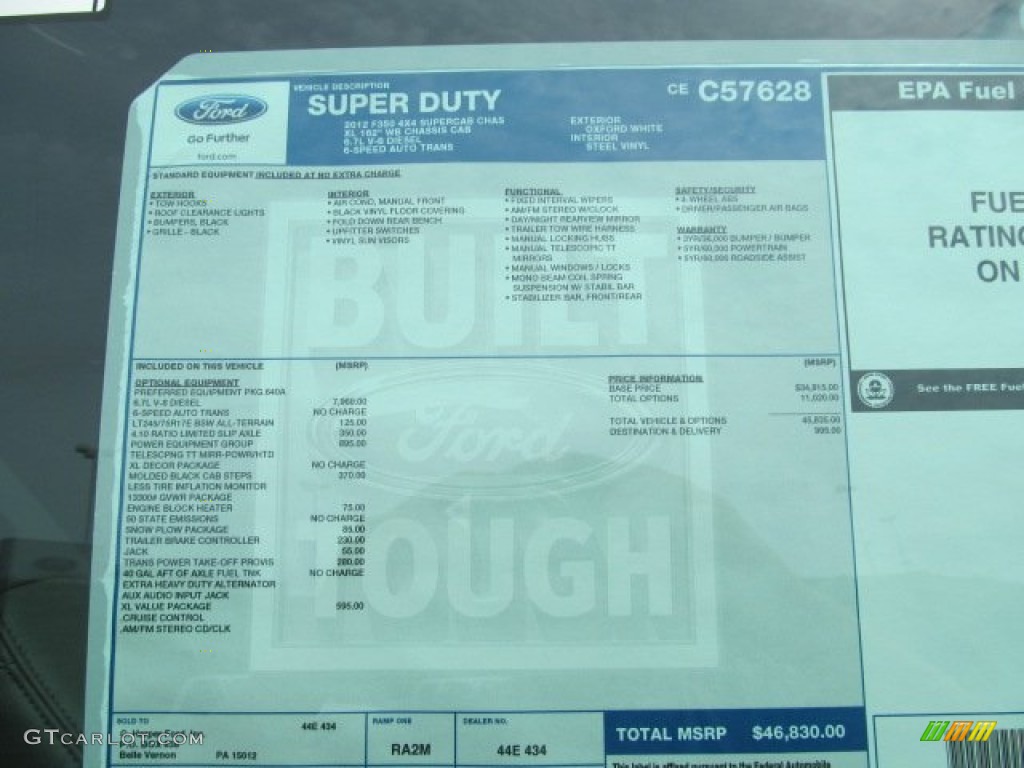 2012 Ford F350 Super Duty XL SuperCab 4x4 Dually Chassis Window Sticker Photo #68933298