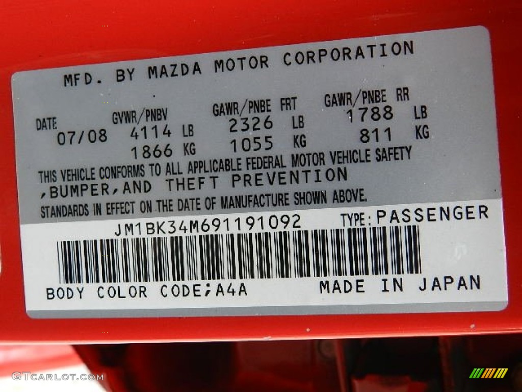 2009 MAZDA3 Color Code A4A for True Red Photo #68942115
