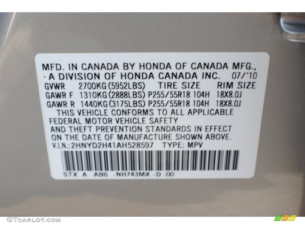 2010 MDX Color Code NH743MX for Palladium Metallic Photo #68942775