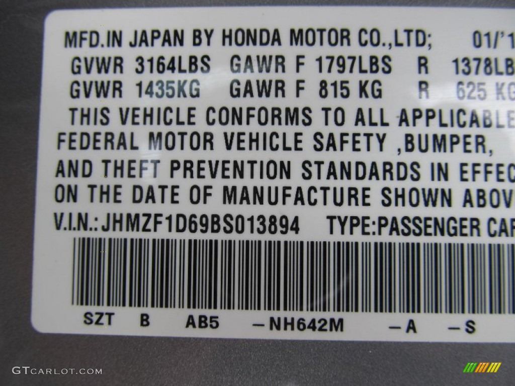 2011 CR-Z Color Code NH642M for Storm Silver Metallic Photo #68947965