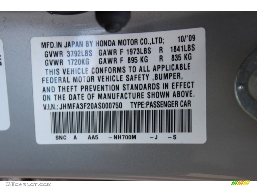 2010 Civic Color Code NH700M for Alabaster Silver Metallic Photo #68959343