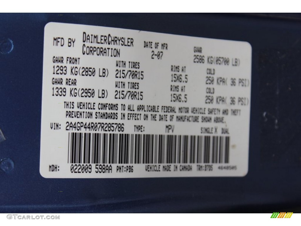 2007 Town & Country Color Code PB6 for Marine Blue Pearl Photo #68960840