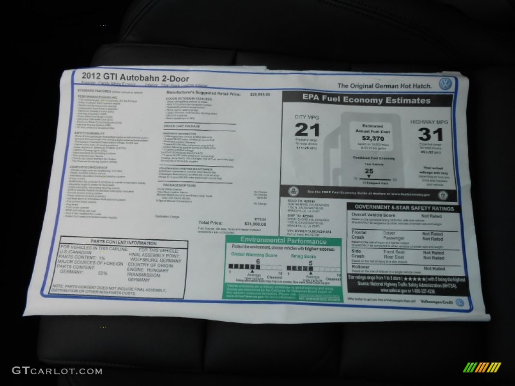 2012 Volkswagen GTI 2 Door Autobahn Edition Window Sticker Photo #68966645