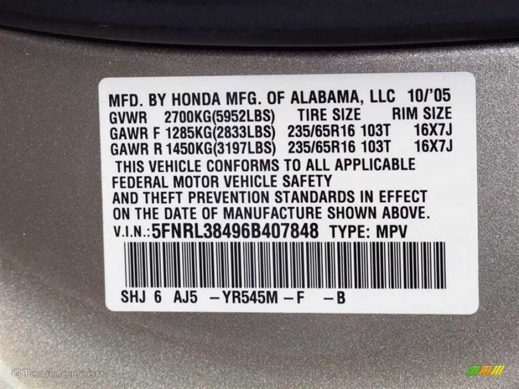 2006 Honda Odyssey EX Color Code Photos