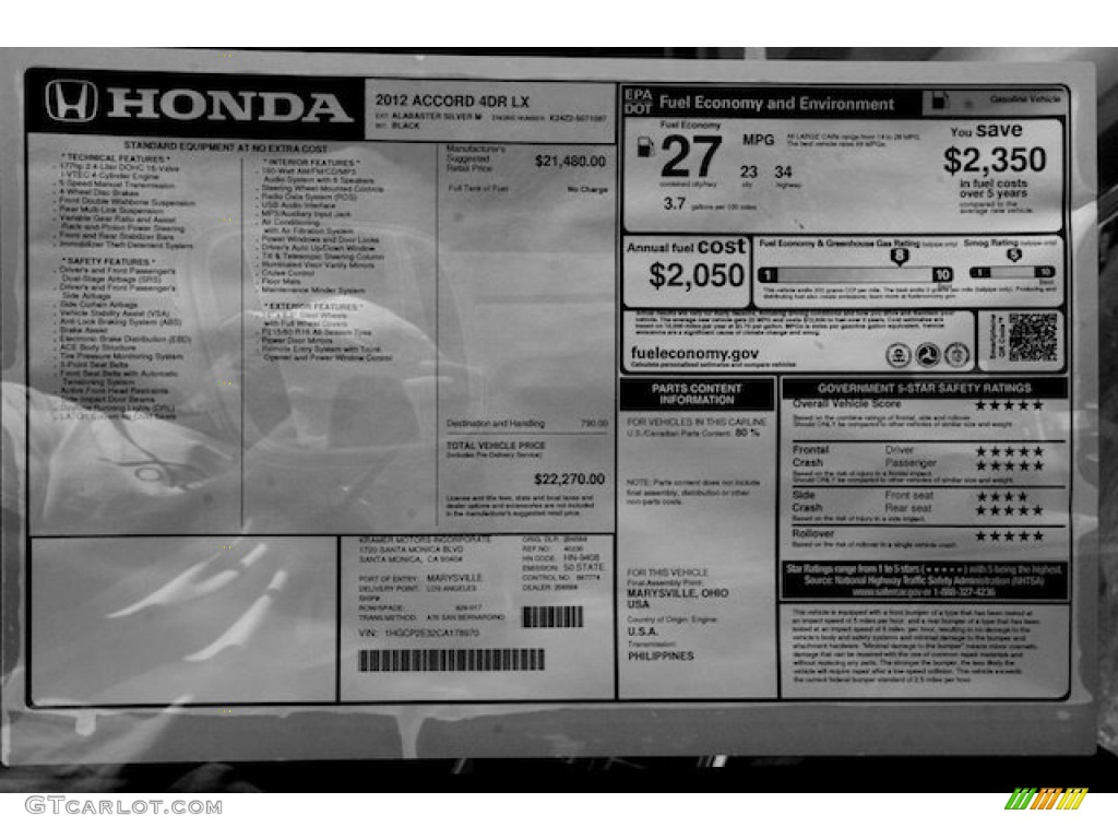 2012 Honda Accord LX Sedan Window Sticker Photo #68973860