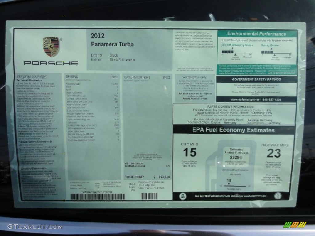 2012 Porsche Panamera Turbo Window Sticker Photo #68977516