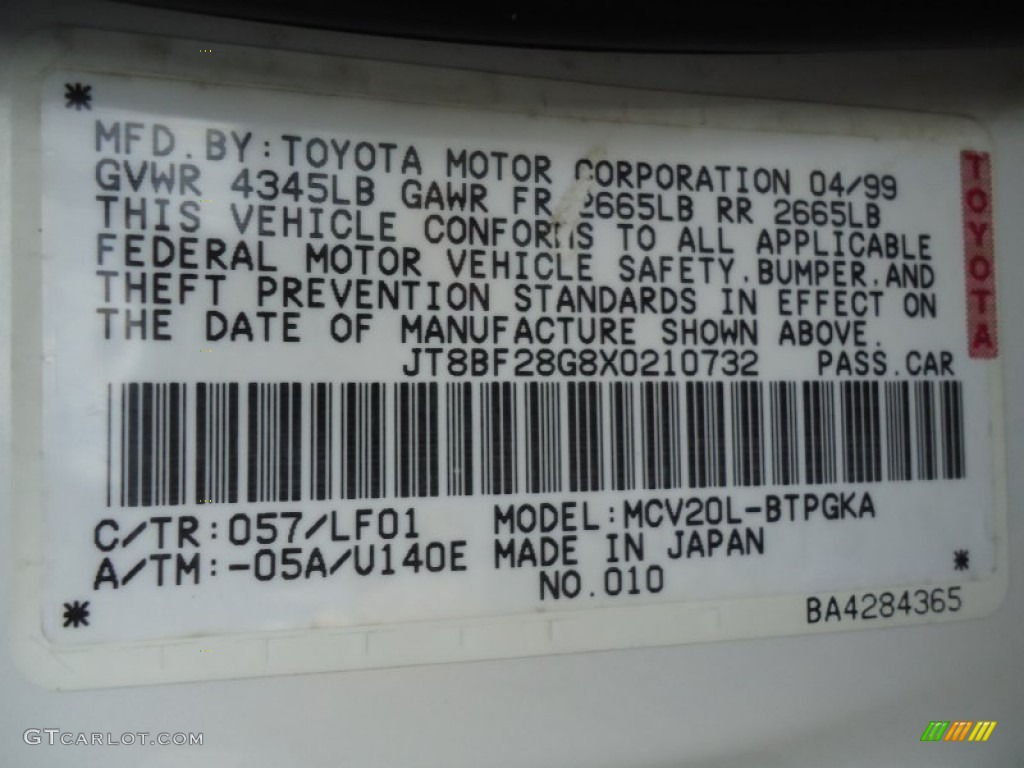 1999 ES Color Code 057 for Diamond White Pearl Photo #68990122